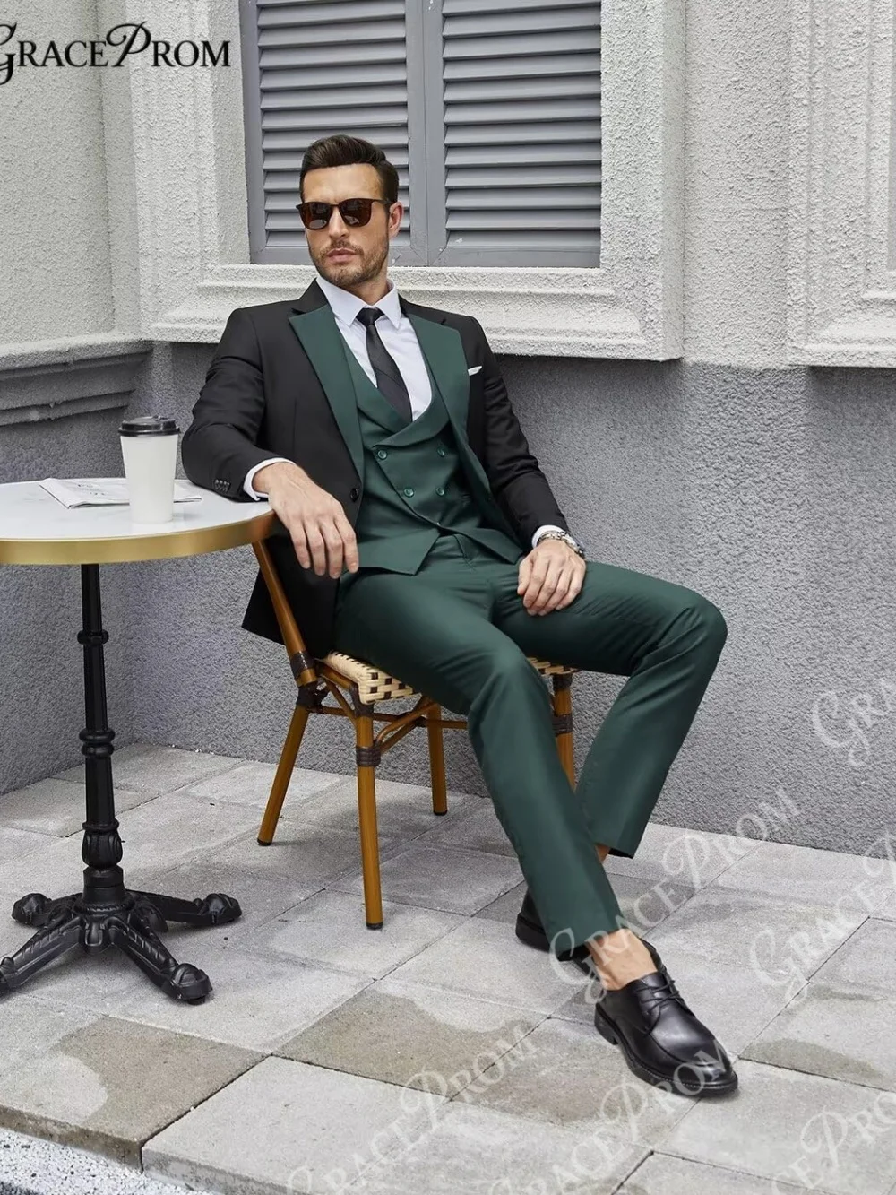 

Fashion Men Contrast Color Black Dark Green 3 PCS Suit 2026 Double Breasted Slim Fit Wedding Groom Tuxedo Blazer Vest Pants Set
