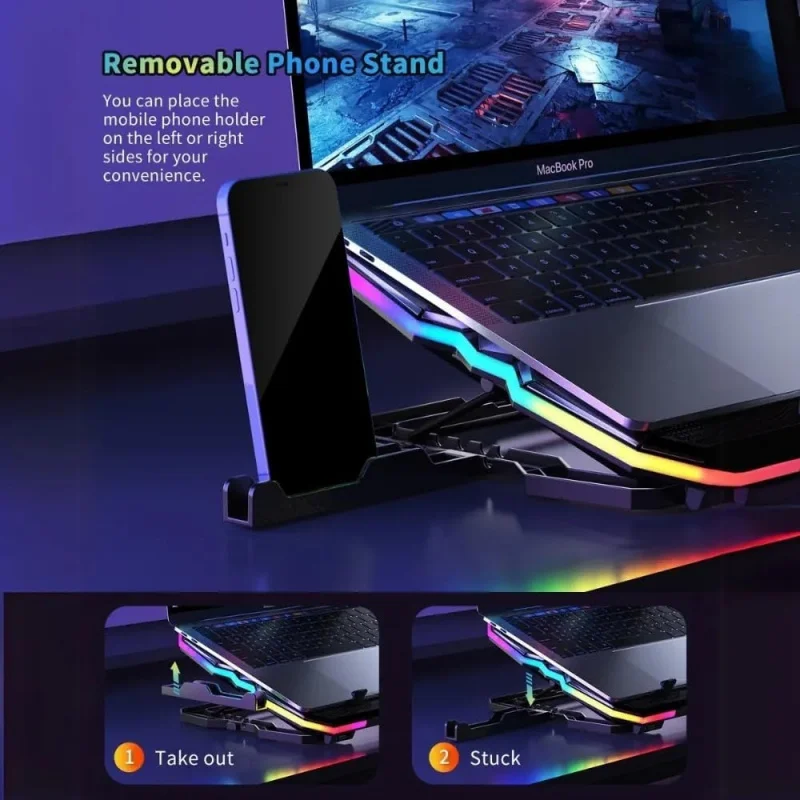 وسادة الكمبيوتر المحمول RGB باللون الأسود - 60 ° قاعدة دوارة، ارتفاع قابل للتعديل وأضواء RGB - تناسب أجهزة الكمبيوتر المحمولة مقاس 12 بوصة - 17 بوصة - مريحة ومضادة للانزلاق والألعاب #3