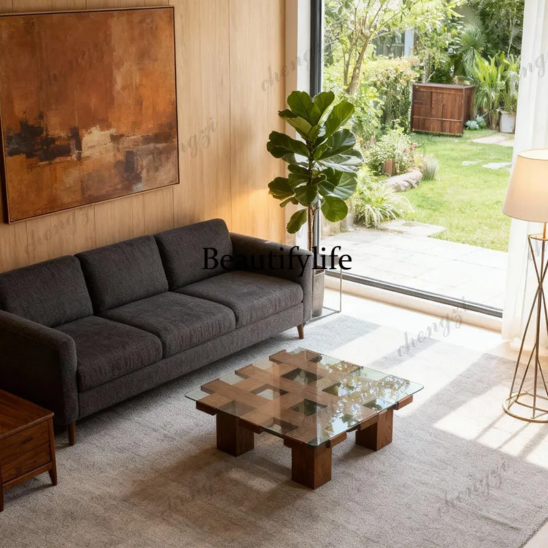 American retro solid wood glass tea several nine palace grid hollow design stable high-end living room furniture square table