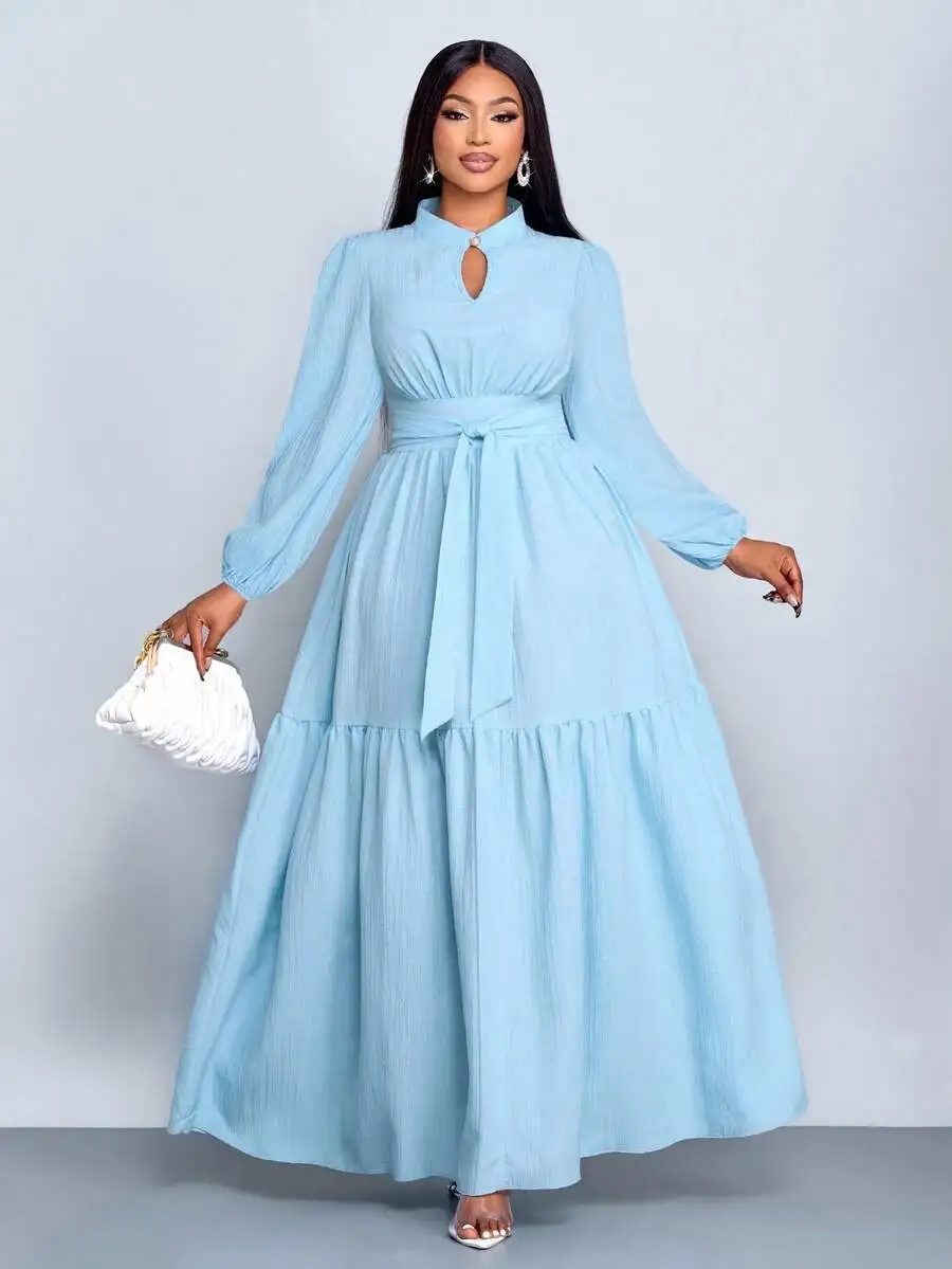 

Light Blue Plus Size Long Sleeve A-Line Maxi Dress with Stand-Up Collar and Waist Tie
