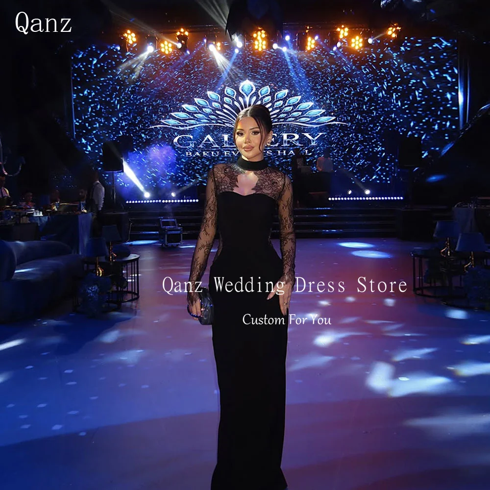 Qanz Black Satin Evening Dresses Elegant Dresses For Special Occasions Long Sleeves Lace Women Wedding Party Dress Customized