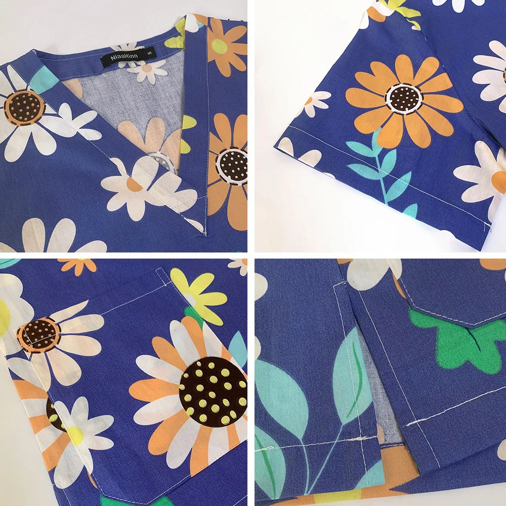 Umstands-Set mit V-Ausschnitt, kleinem Blumenwaschen, Trennset, Oberteil, Unisex, Pflegekleidung, kurze Ärmel