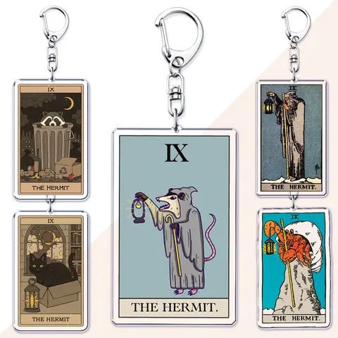 Hot Death Tarot The Hermit Keychains for Women Accessories Major Arcana The Cat Opossum Raccoons Moon Keyring Fans Friends Gifts