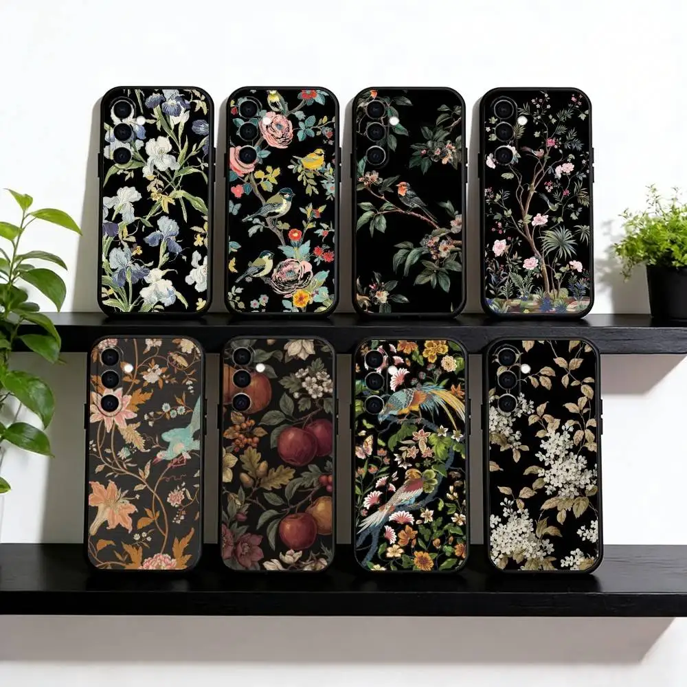 Elegant Floral Bird Botanical Phone Case For Samsung Galaxy A73,A72,A71,A70,A53,A52,A51,Soft Silicone Black Cover
