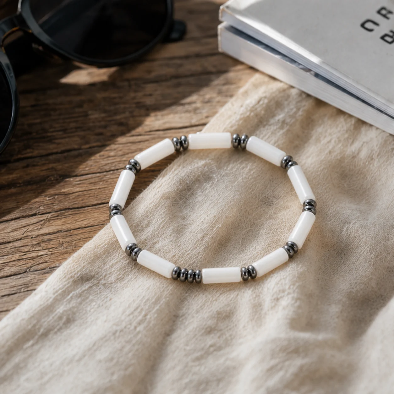 1pc White Cylindrical Stone Beaded Bracelet with Gray Round Beads Minimalist Geometric Style for Women and Men