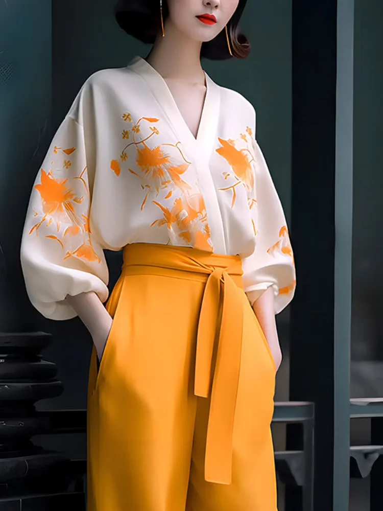 Orange Women's Blouse and Pants Two Piece Set Holiday Outfits Shirt Ladies Trouser Printing Top Bottom Korea Stylish Full Cheap