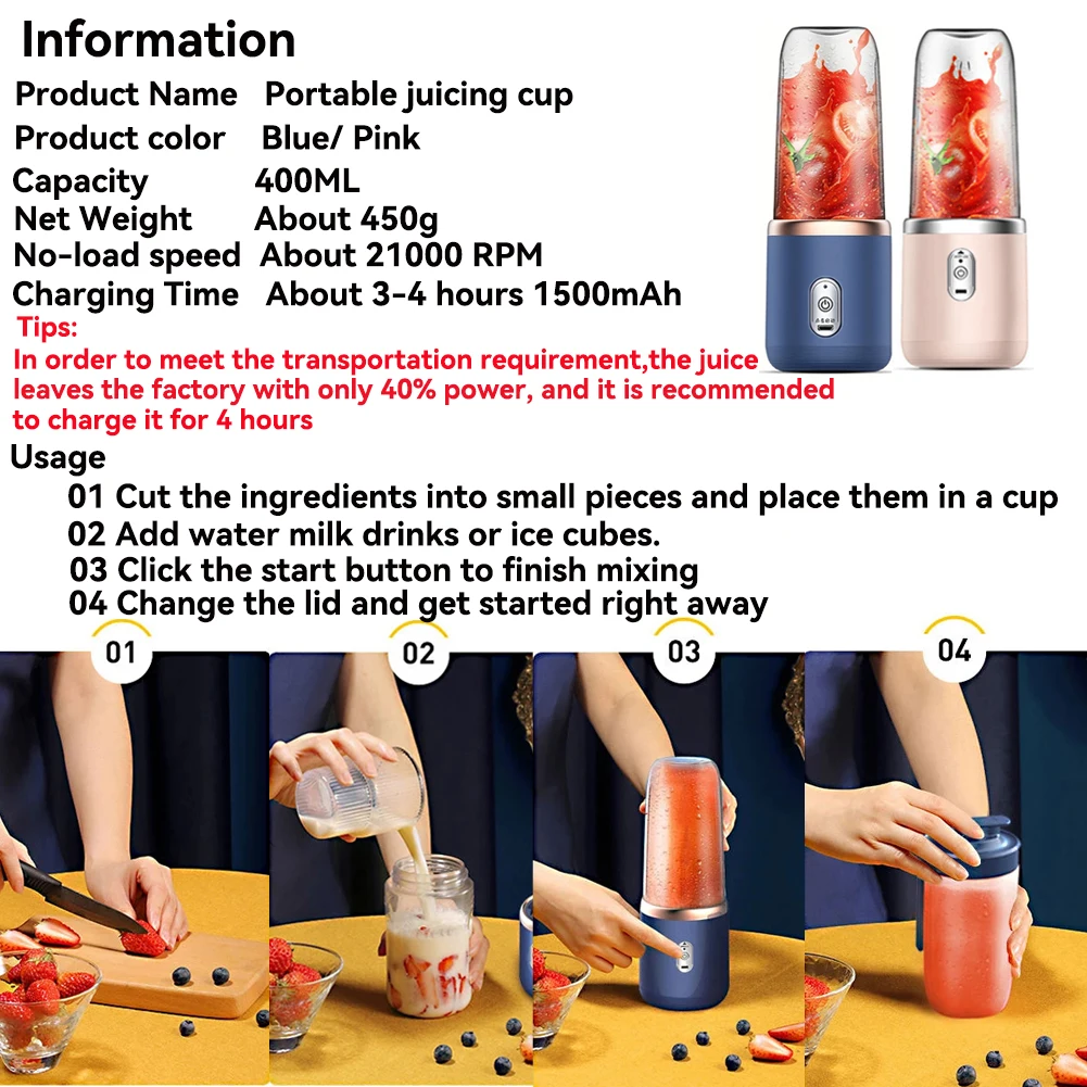 Portable Electric Juicers Blue Pink ABS Cup Multifunction Fruit Vegetable Food Mixers Milkshake Make Blender Rechargeable