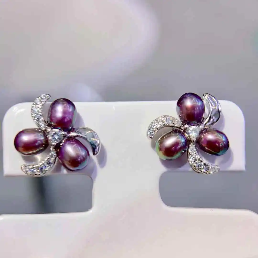 

Certificate 925 Silver Natural Freshwater Purple Keshi Pearl Clover Ear Stud Real Violet Baroque Baby Pearl Earring Rare Jewelry