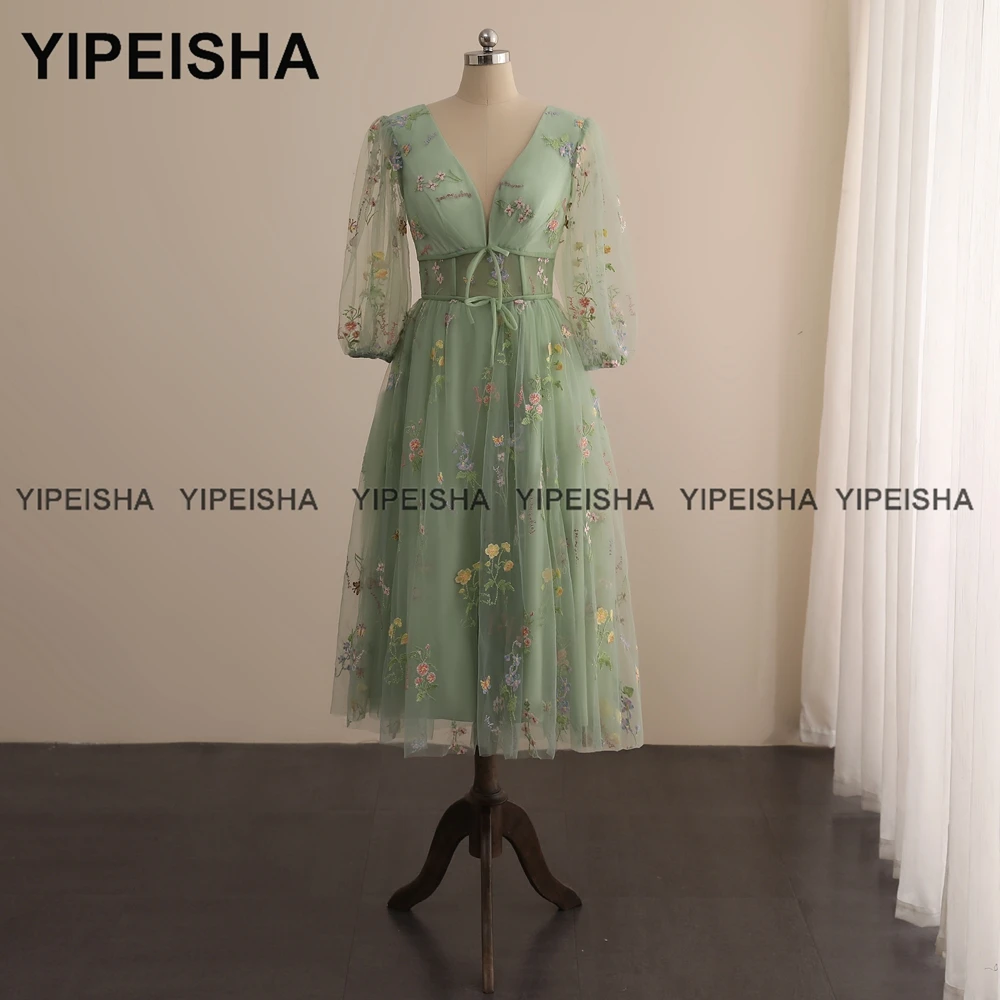 Yipeisha hortelã verde renda vestidos de baile fotos reais com decote em v chá comprimento vestido de festa com mangas a linha vestido de cocktail curto