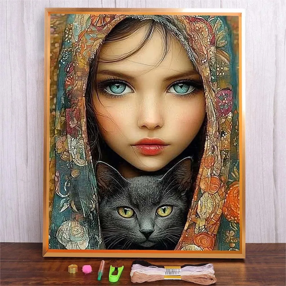 

DIY Embroidery Kits Cat Girl Pattern Sewing Hobby Full Printed Cloth Canvas Threads Cross Stitch Craft Unique Gift Home Decor