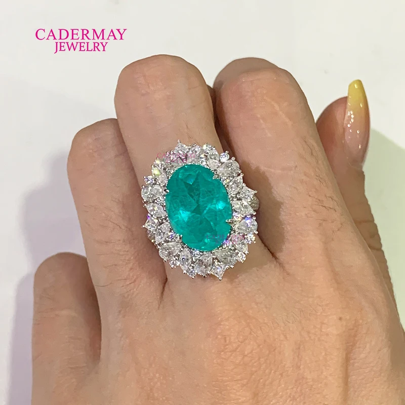 

Cadermay Роскошное серебро 925 пробы, большой размер, овальной формы, синтетическое кольцо Параиба ЯГ с муассанитом, свадебное обручальное кольцо с ореолом для женщин