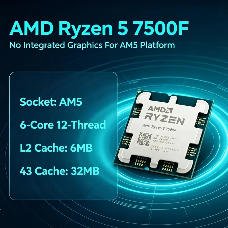 Desktop CPU R5 7500F 100-000000597 6 Core 12 Thread 3.7GHz 5.0GHz 32MB L3 Socket AM5 Processor for PC Build