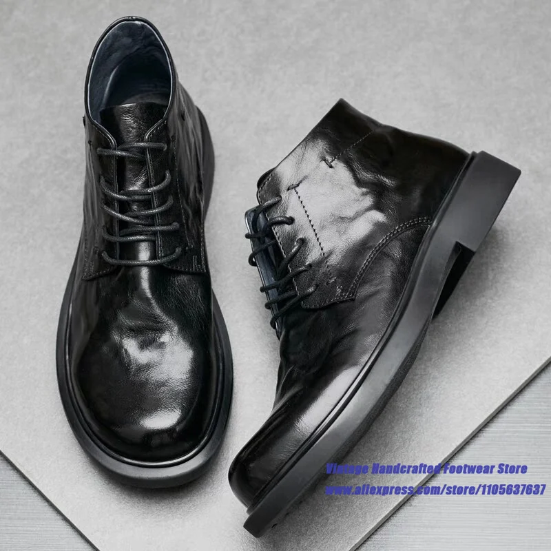 Black Wrinkled Cowhide Men's Boots Lace-Up Soft Leather Round Toe Non-Slip Mid-Top Ankle Boots Vintage Handcrafted Men's Shoes