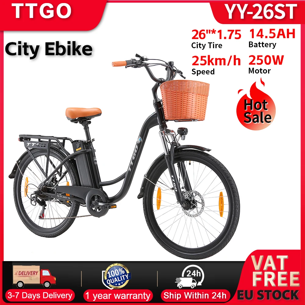 TTGO 26 Zoll Elektrofahrrad E-Bike für Männer und Frauen 36V 14,5 Ah Akku, Citybike 60-75 km Elektrofahrrad mit Korb