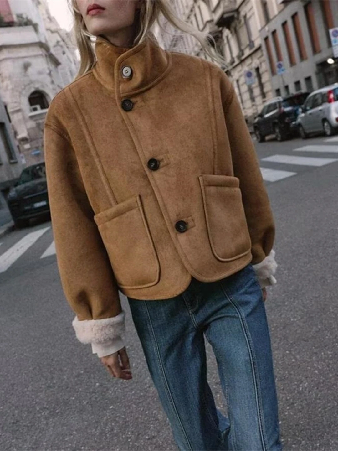 Cappotto da pilota Jaet in pelle scamosciata Faionable da donna, vestibilità ampia, vestibilità ampia su due lati, chiusura lunga con bottoni