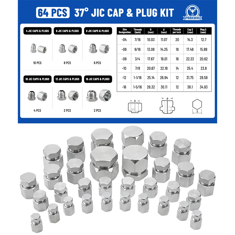 

64 шт. 37 ° Набор колпачков и заглушек JIC, фитинги для гидравлических шлангов с раструбной резьбой 37 градусов, углеродистая сталь, размер 4, 6, 8, 10, 12, 16