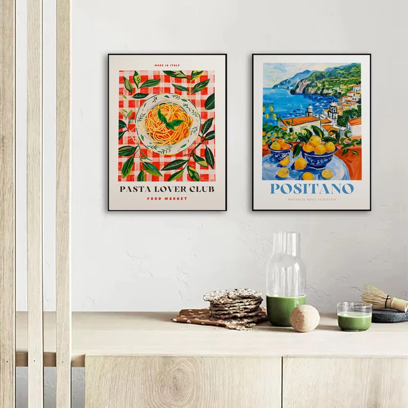 Retro Italian Traditional Food Oysters Lemon Pizza Liquer Illustration Poster Canvas Painting Wall Pictures Home Kitchen Decor