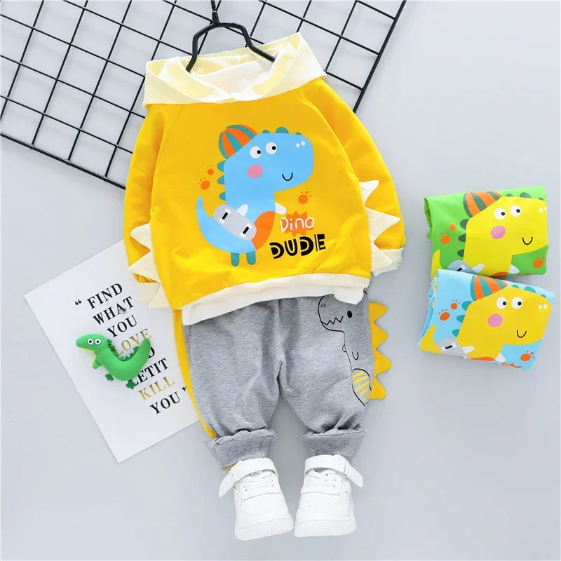 Spring Baby Boys Girls Clothing Sets Toddler Kids Clothes Outfits Children Hooded T Shirt Pants Cartoon Dinosaur Infant Costume