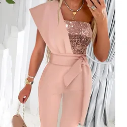 2023 New Elegant Office Women's Solid Color Bodysuit Cut-out Design Belt Decoration V-neck Fashion Sequin One-shoulder Bodysuit