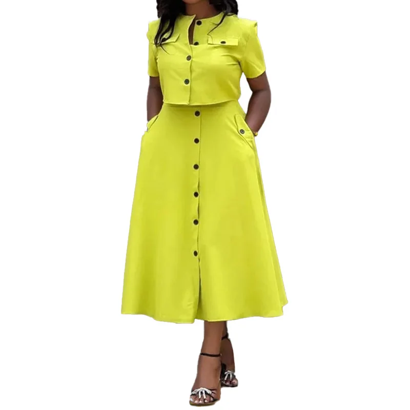 Skirts Shirt Women's Two-piece Set Elegant O Neck Short-sleeved Button Top High Waist Skirt 2-piece Suit Woman Spring Summer