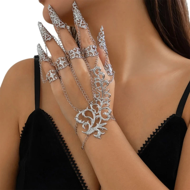 Hollow Cone Shaped Nail Sleeve Finger Chain Bracelet Handmade Metal Handchain Fashionable Jewelry Accessory for Parties