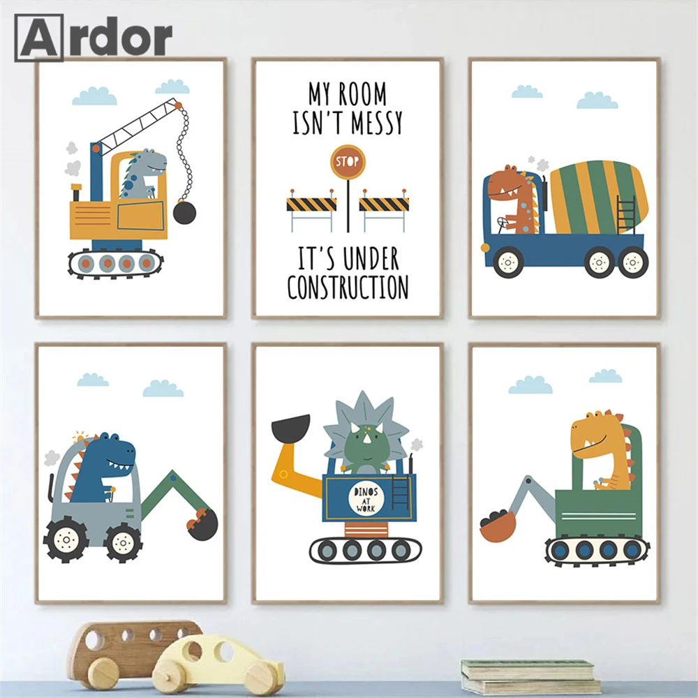 

Cartoon Crane Excavator Dinosaur Poster Wall Art Canvas Painting Nursery Posters And Prints Nordic Wall Pictures Boys Room Decor