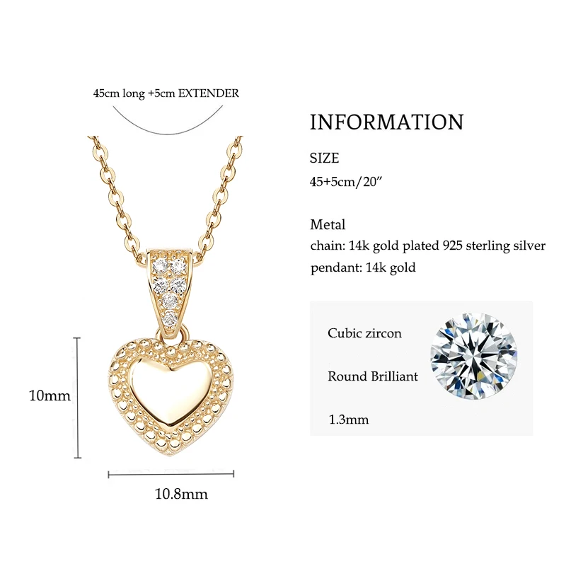 IOGOU Genuine 14K Gold Love Heart Pendant With Certificate Engagement Fine Jewelry 925 Silver Chain 1.3mm CZ Necklace for Women
