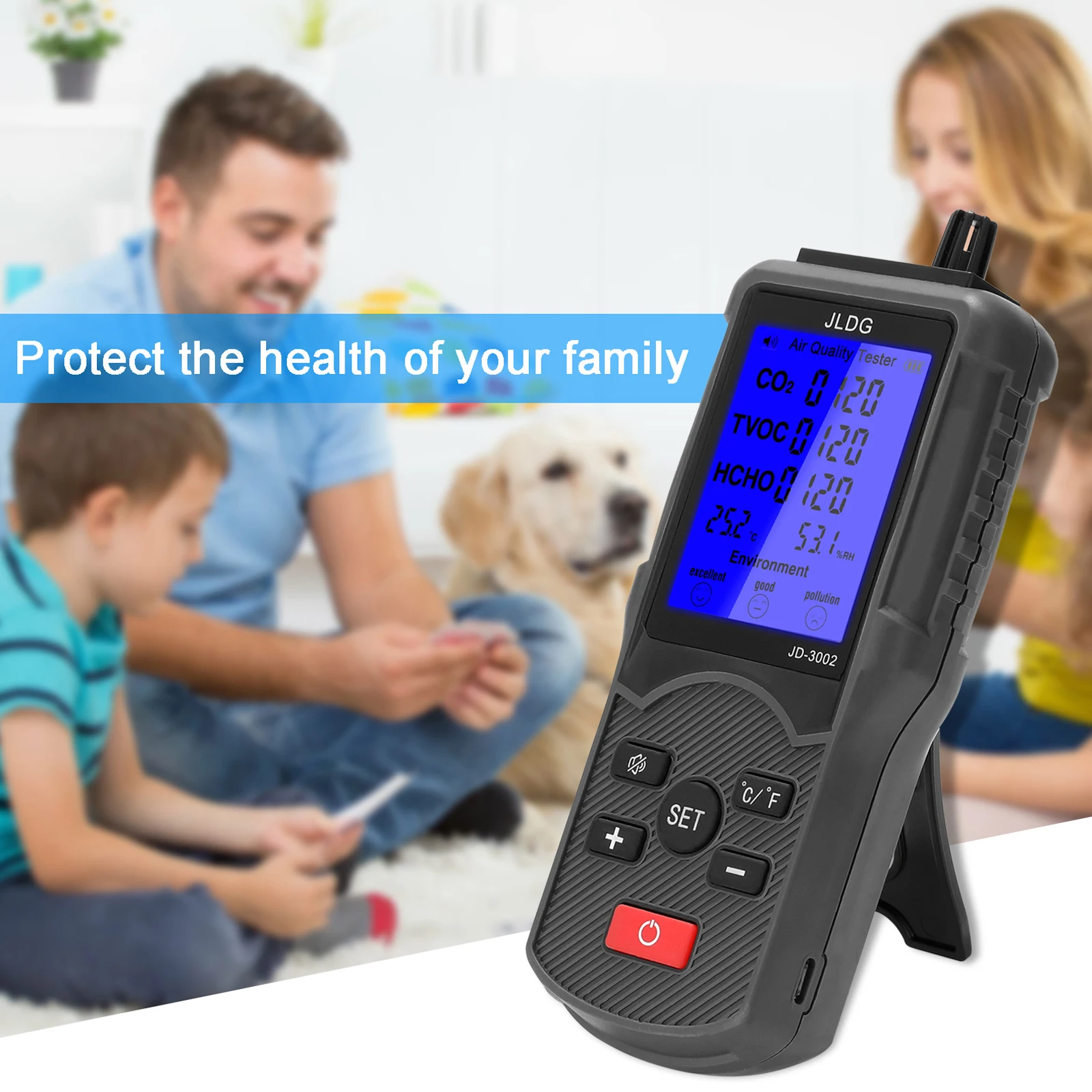 JD-3002 Air Quality Detector CO2 HCHO TVOC Temperature Humidity Measuring Device CO2 Meter Multifunctional Air Quality Analyzer