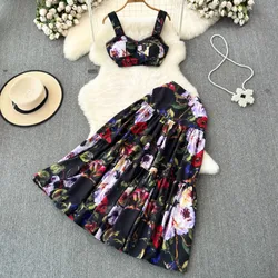 New Women Elegant Casual Floral Summer Skirts Suit Sleeveless Sexy Crop Tops A-Line Pleated Saya Outfits Female Two Pieces Set