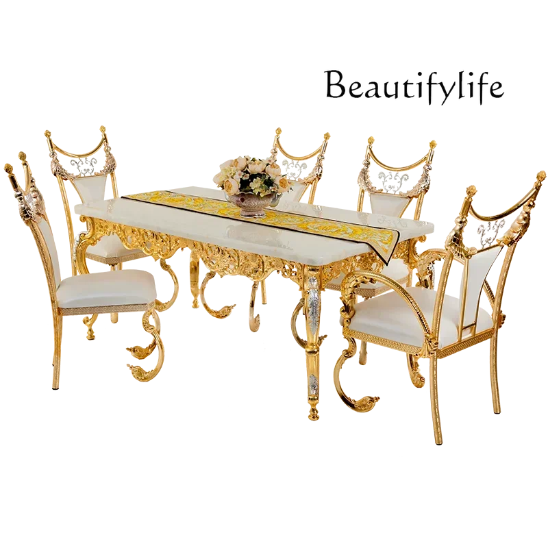 hh Natural marble dining table European table dining chair combination villa hollow carved rectangular dining table