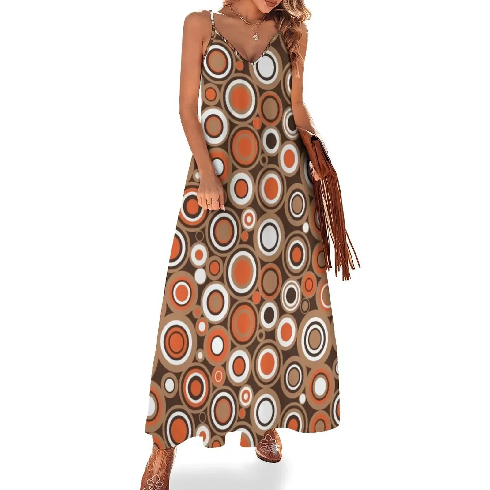 

Orange, White and Brown Circle Retro Pattern Sleeveless Dress womens clothing Party dresses dress women summer 2024 Dress