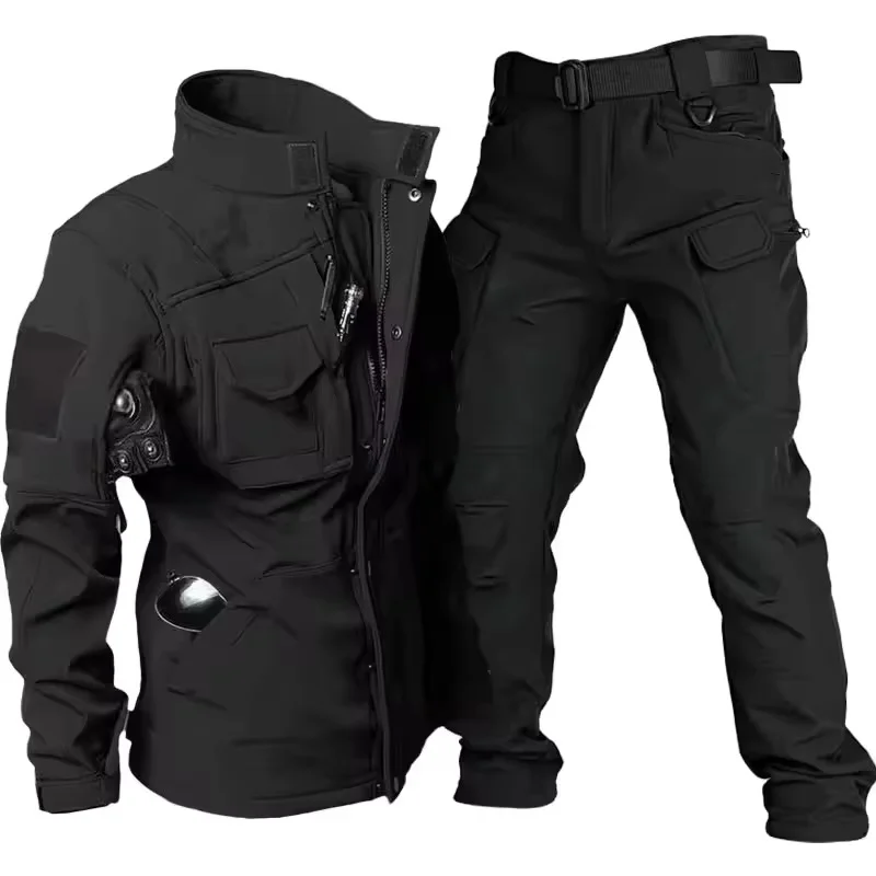 Military Shark Skin Soft Shell Sets Men Winter Multi-pocket Wear-resistant Fleece Warm Jackets+Army Waterproof Pants 2 Pcs Suits