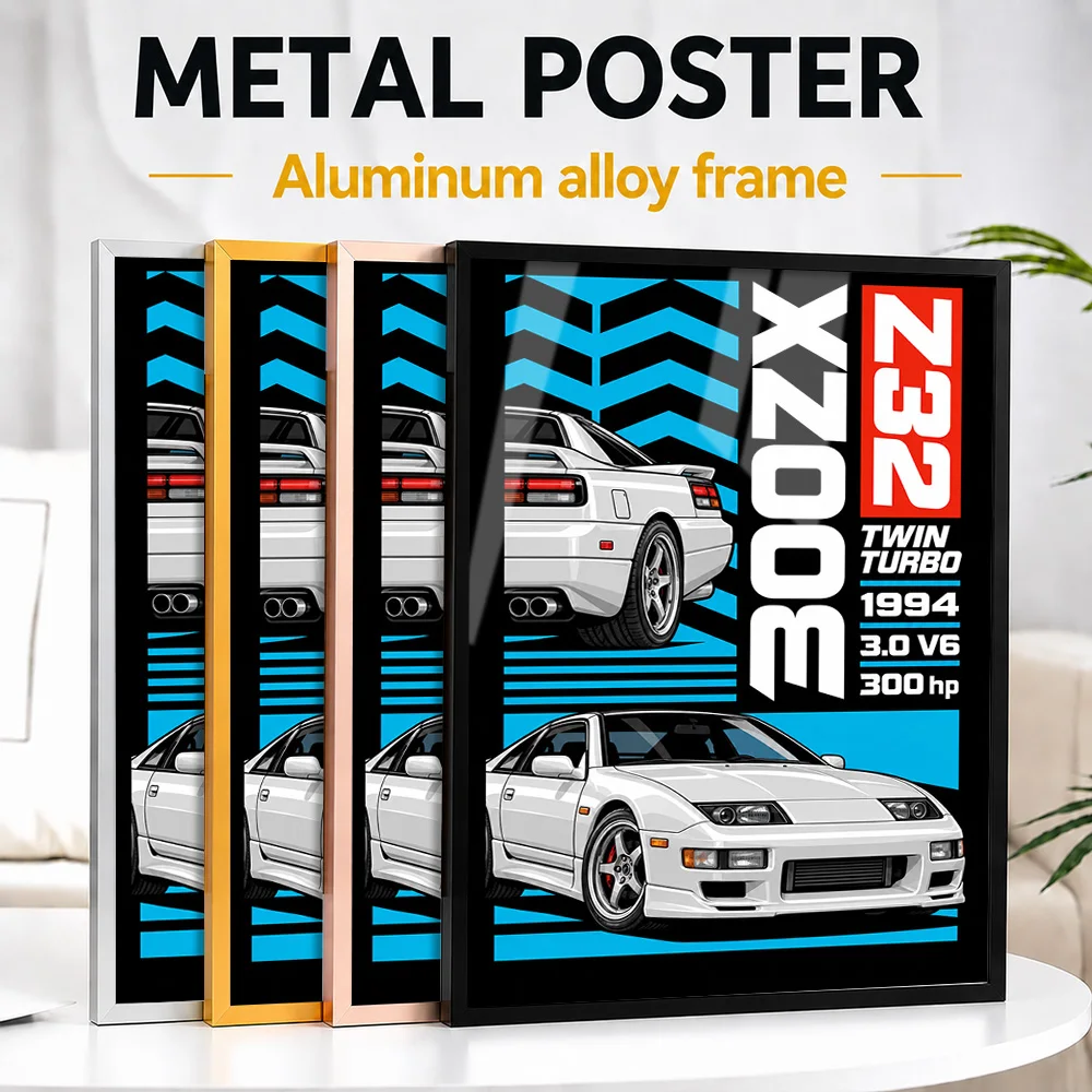 Japanese 300ZX Twin Turbo Z32 Glacier White Pearl Sports Car Framed Metal Poster Personalized Speed Wall Art Ideal For Game Room
