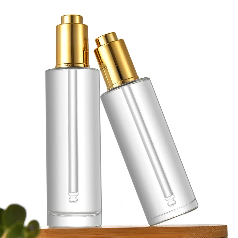 Flacone contagocce in vetro spesso rotondo trasparente satinato da 50 ml 60 ml per oli essenziali Essenza Goccia per occhi Tappo pipetta Ricarica piatta