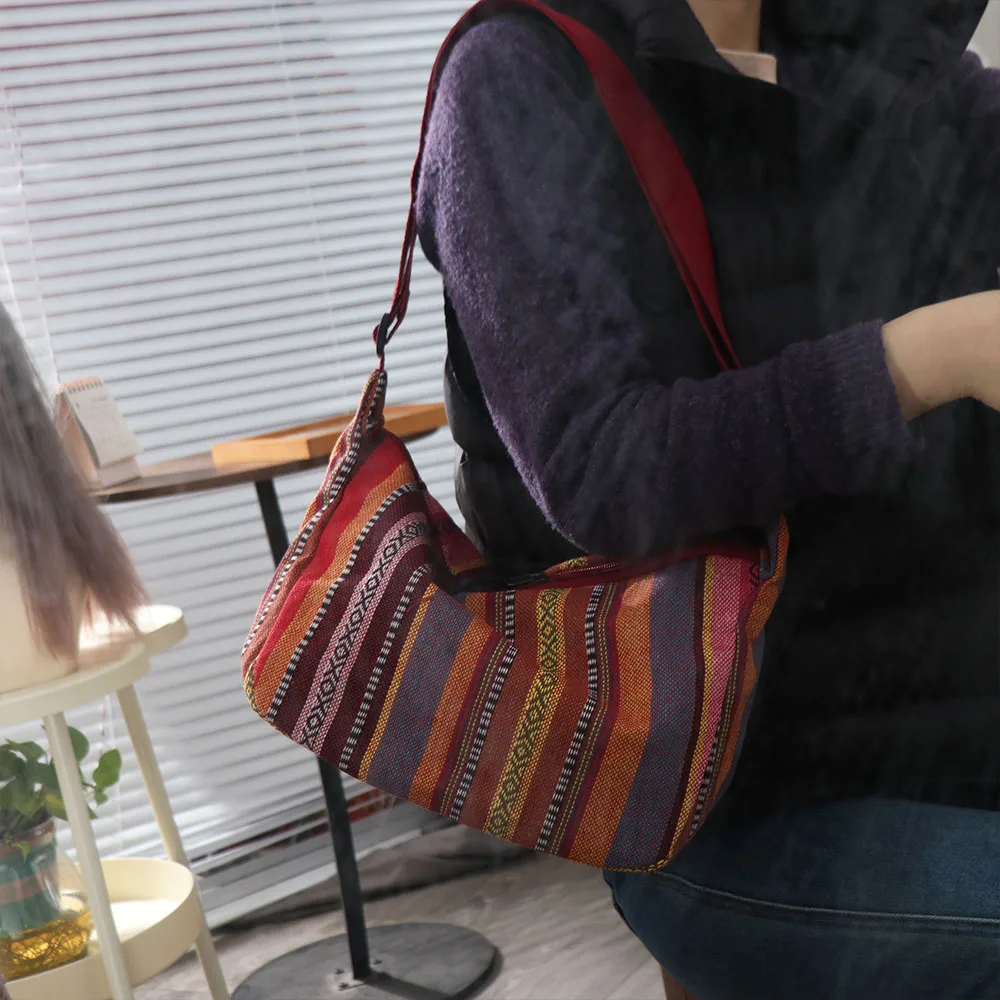 Large Capacity Ethnic Fringe Crossbody Bag Handbag Embroidery Bohemian Shoulder Bag Geometric Colorful Weave Folk Messenger Bag