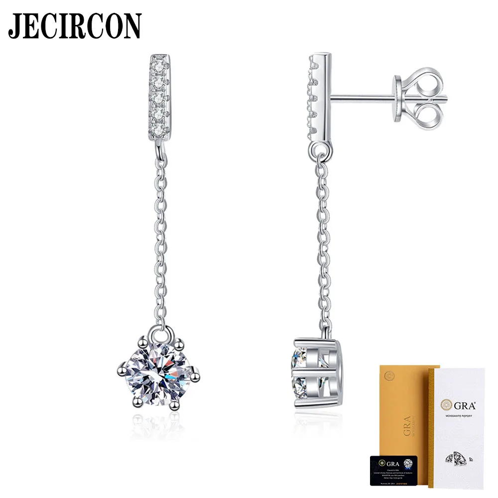 JECIRCON S925 Sterling Silver Moissanite Drop Earrings Korean Style 6 Claws 1ct Moissanite Tassel Pendant Light Luxury Jewelry