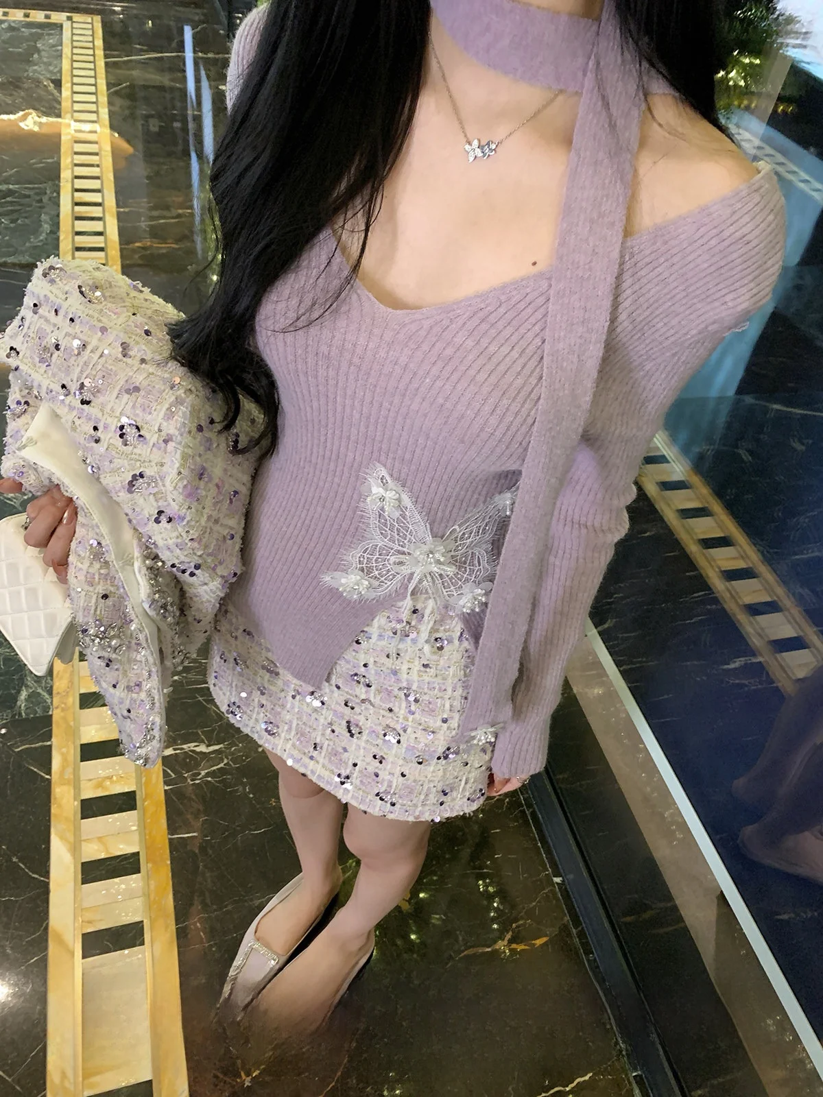 

Yoyozhang Purple V-ne Knitted Sweater Women's Slim Fit Woolen Top Gentle Love Song Sle Casual Wear Daily Ocn