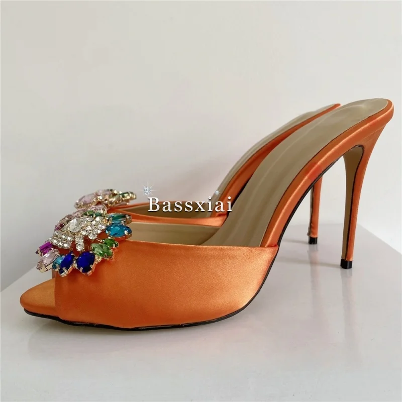 Colorful Rhinestone Buckle Decor Sandals Women 10cm Stiletto Heel Luxury Satin Slingbacks Summer Mules image 2