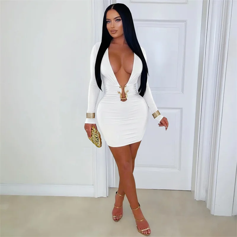 Minivestido Sexy ajustado de manga larga con cuello en V profundo para Mujer, elegante vestido con botones y anillo de Metal, vestidos ajustados para fiesta nocturna y discoteca, Ropa para Mujer