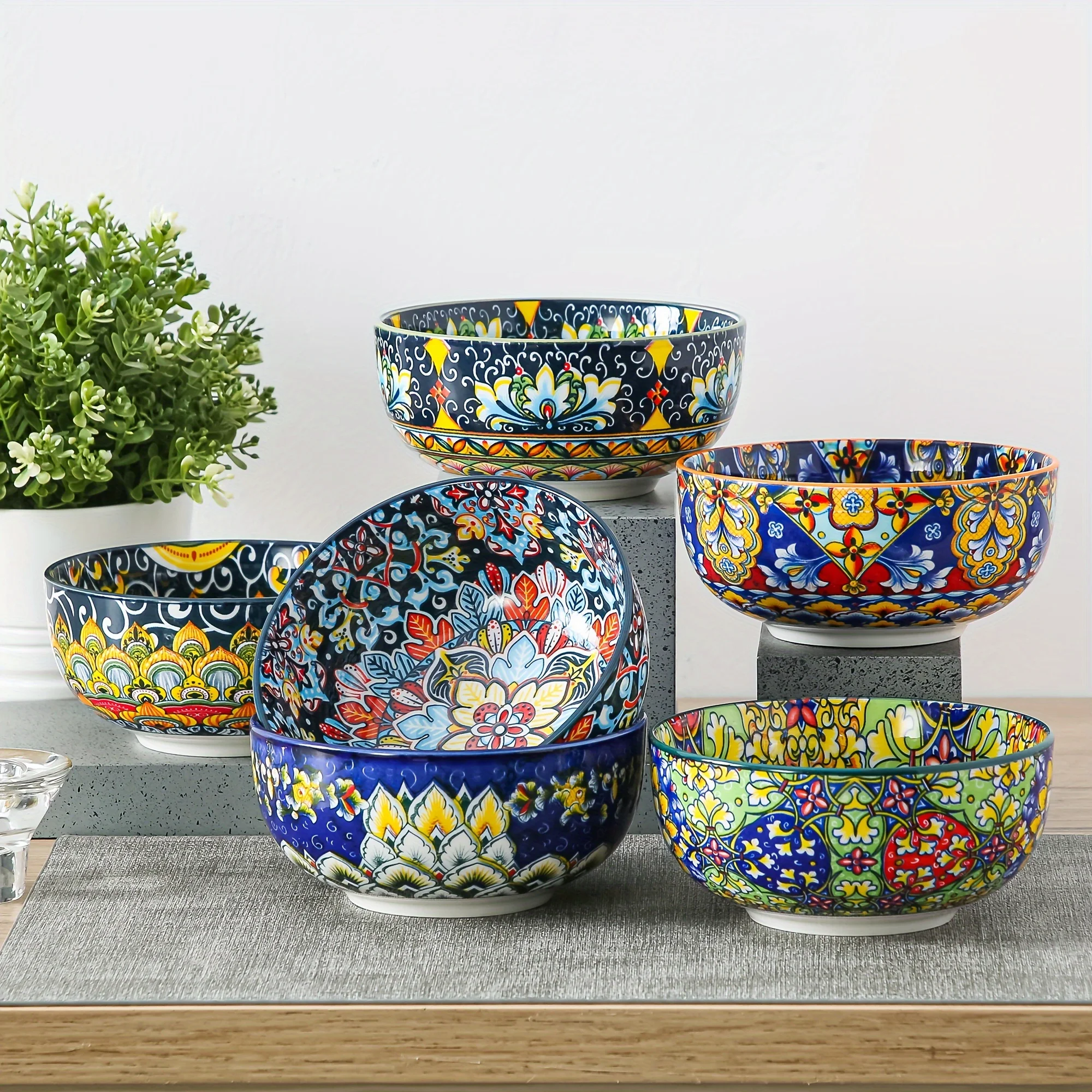 

26oz Colorful Bohemian Style Cereal Bowls Set - for Cereal, Soup, Oatmeal, Ice Cream, Salad, Pasta Etc, Set Of 6