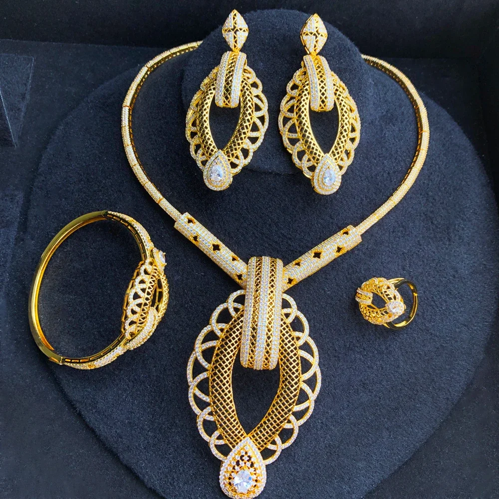 

Kellybola New Vintage Golden Hollow Necklace Bangle Earrings Ring Jewelry Set For Bridal Wedding Women Noble Show Jewelry