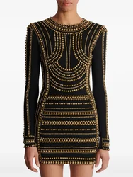 HIGH QUALITY Newest Fashion 2024 Designer Women's Long Sleeve Metal Beaded Stretchy Bodycon Dress