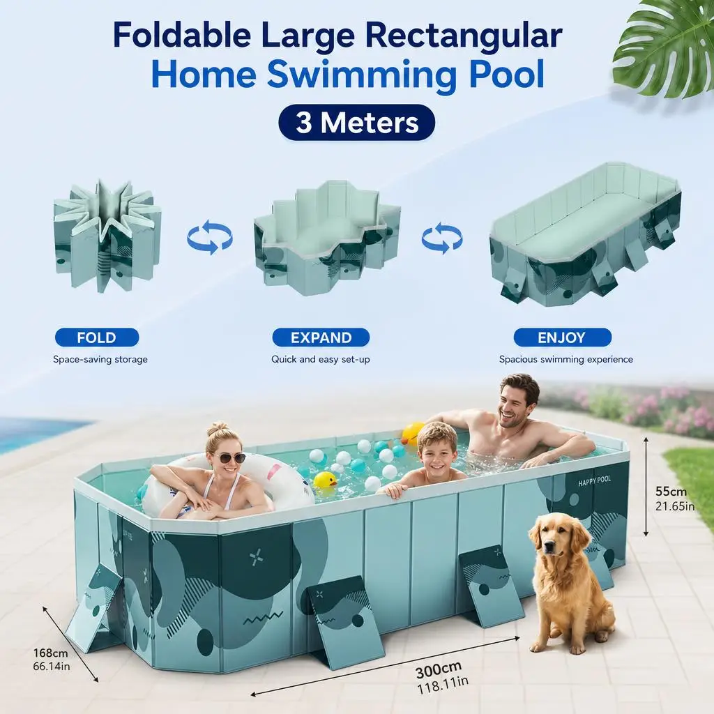 Piscina rettangolare pieghevole di grandi dimensioni, ideale per la casa, per famiglie, per l’uso all’aperto, in giardino, per bambini e adulti, e come vasca idromassaggio da esterno.