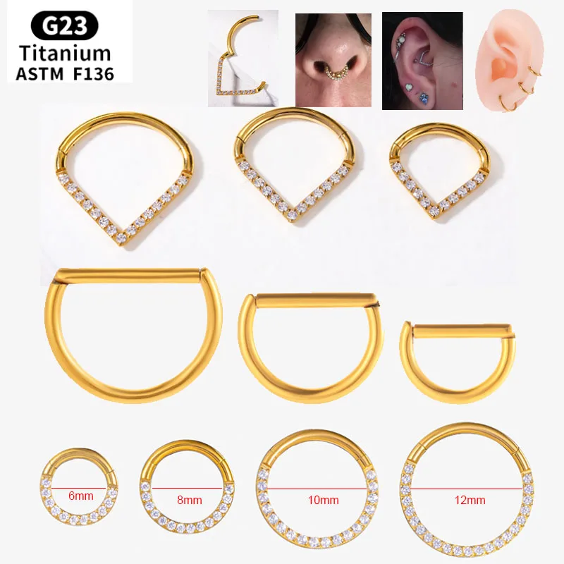 1PC G23 Titanium Round Hoop D Shape Piercing Nose Ring Daith Heart Earring CZ  Hinged Segment Ear Tragus Cartilage Helix Jewelry