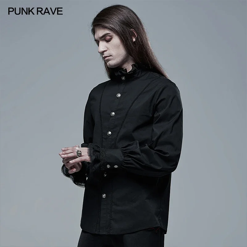 PUNK RAVE Men\'s Gothic Aristocratic Shirt Micro Elastic Cotton Woven Court Exquisite Lace Party Men Clothing 2 Colors Shirts