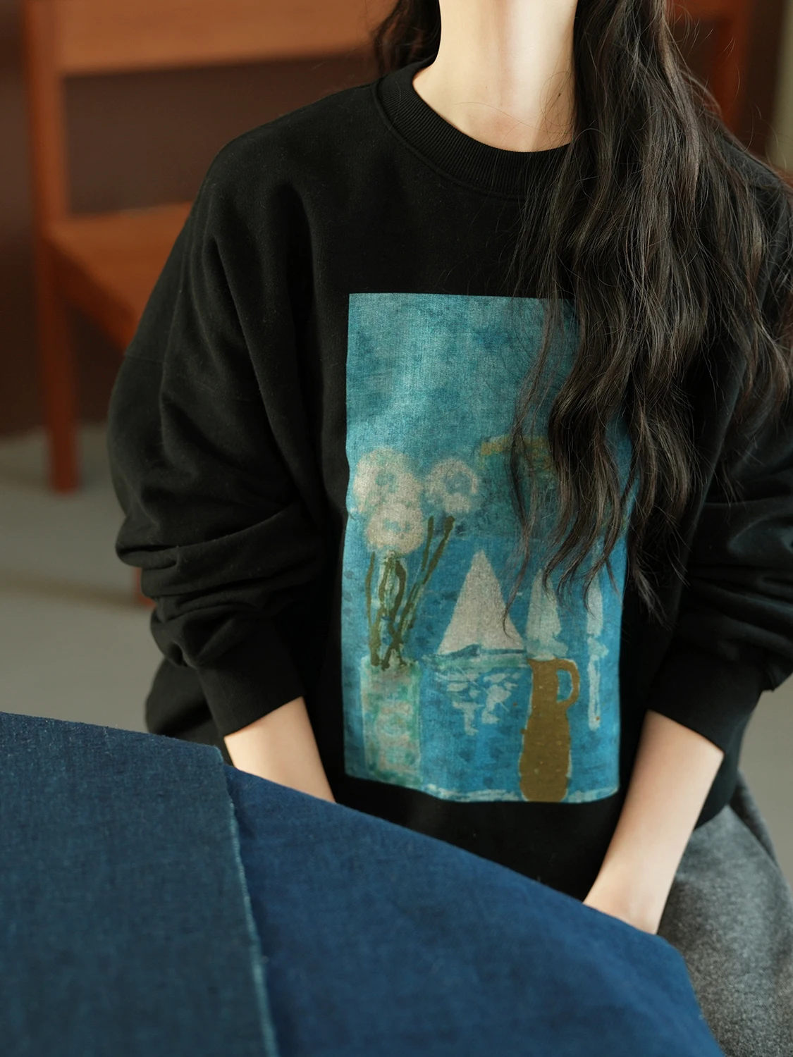 

Свободный хлопковый свитшот с круглым вырезом и принтом, с одним принтом, удобный, женский, с длинным рукавом, с круглым вырезом, футболка