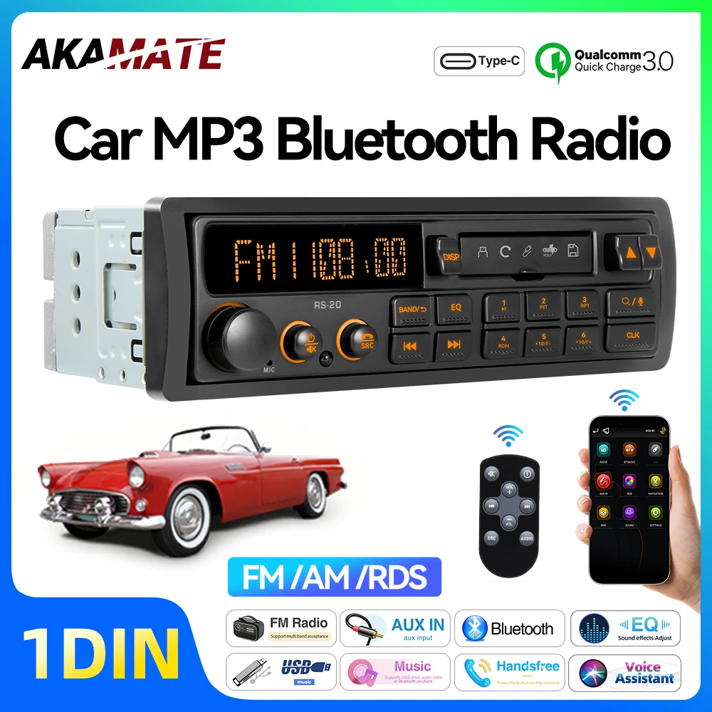 

1 Din MP3 Автомобильный радиоприемник в стиле ретро Bluetooth AUX FM AM RDS EQ QC3.0 Голосовое управление 12 В Мультимедийный стерео головное устройство USB TF плеер