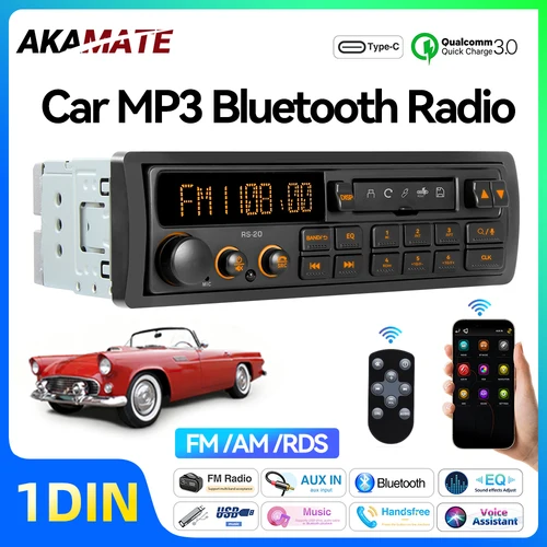 Imagen 1 del producto 1 Din MP3 estilo Retro Radio de coche Bluetooth AUX FM AM RDS EQ QC3.0 Control de voz 12V unidad principal estéreo Multimedia reproductor USB TF