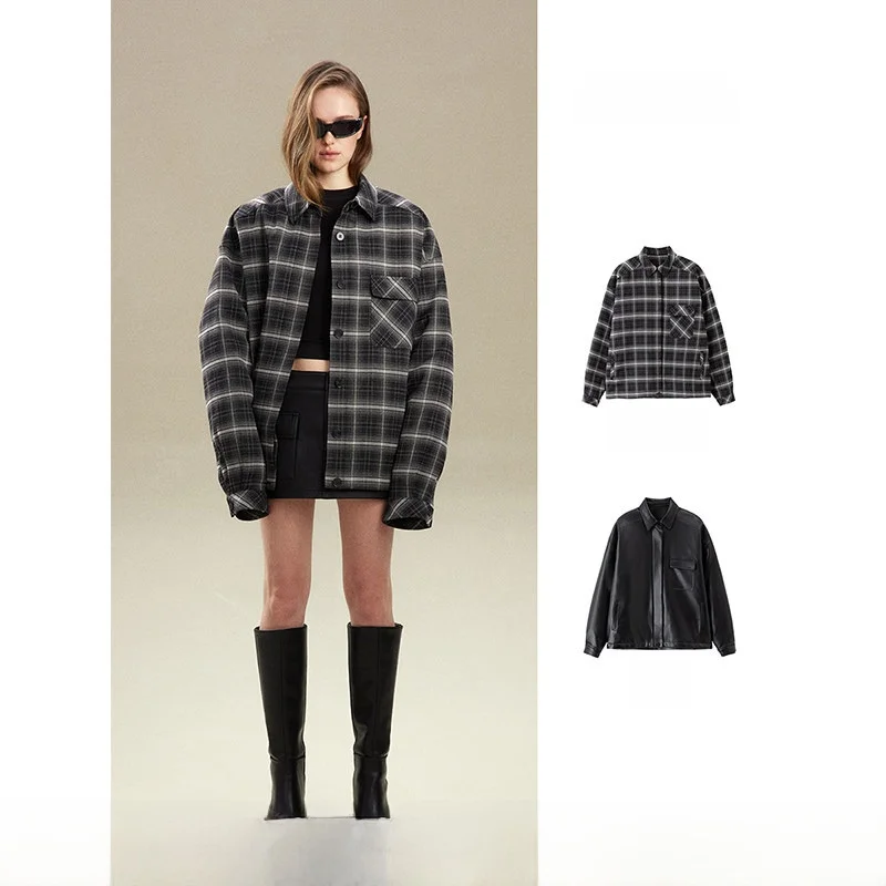 

Casual Series irt Sle Cotton Lined Jaet Loose Fit Street Sle Women's Outerwear Long Sve Button Plaet Plaid Pattern
