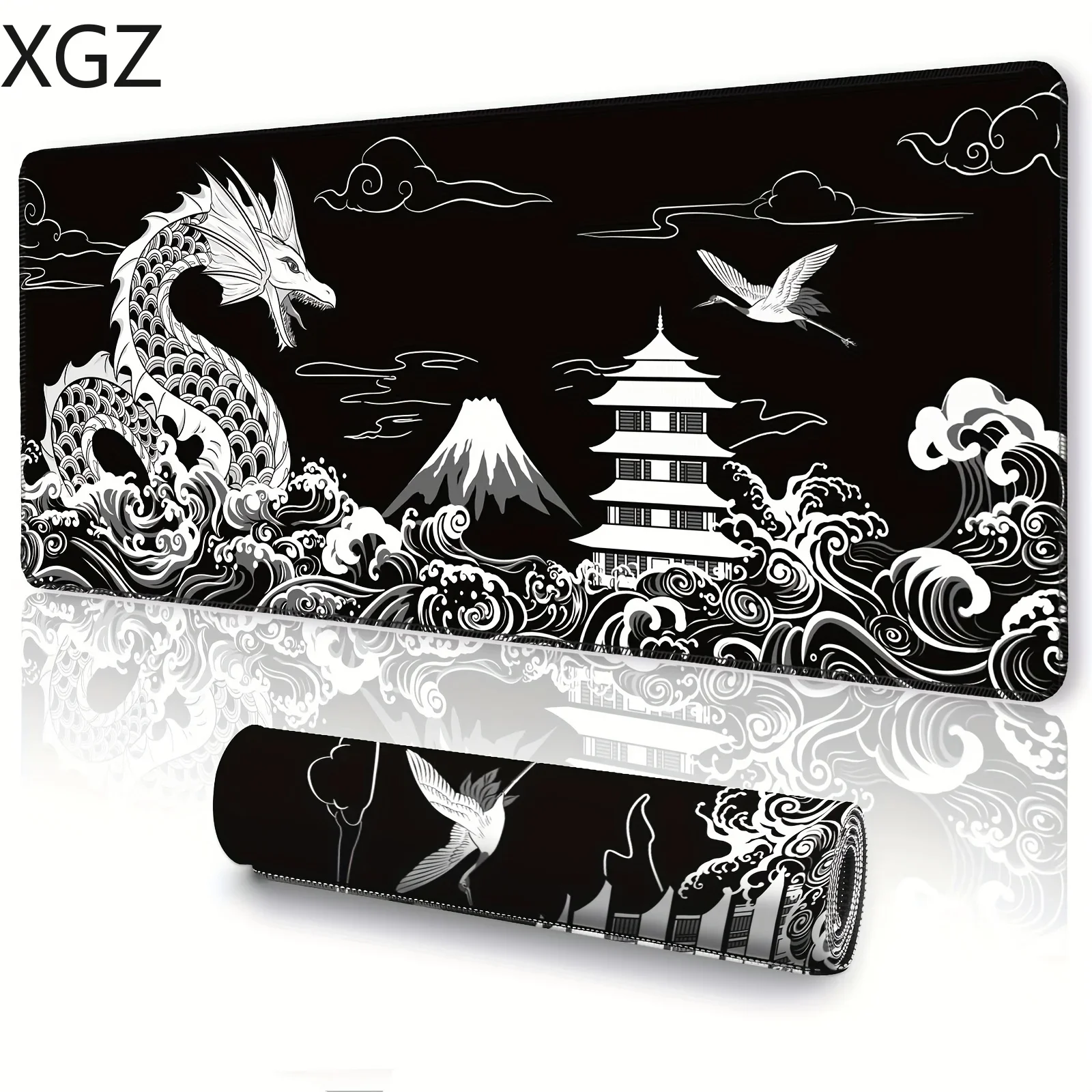 Japanese Dragon Black Large Gaming Mousemats Desk Pad with Anti-Slip Base Stitched Edge Suitable for Gamers and Office